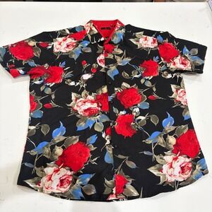 BC Collection Mens 3XL Floral Rose Print Short Sleeve Button Down Black Red